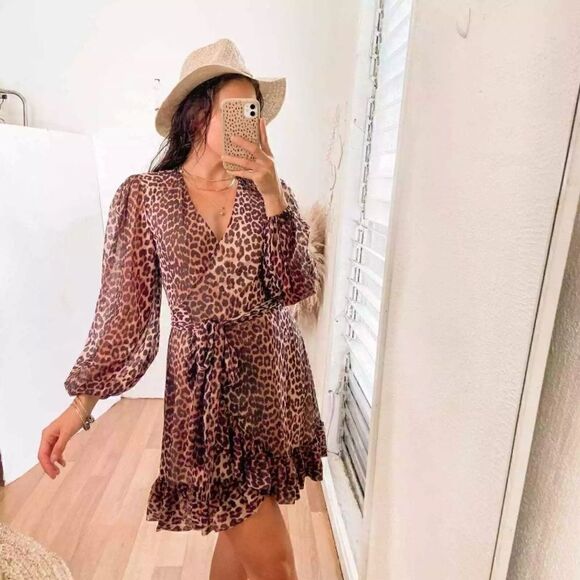 Ganni Mini Black Brown Dress Leopard Print Blouse Long Sleeve Wrap Size S - Picture 6 of 15